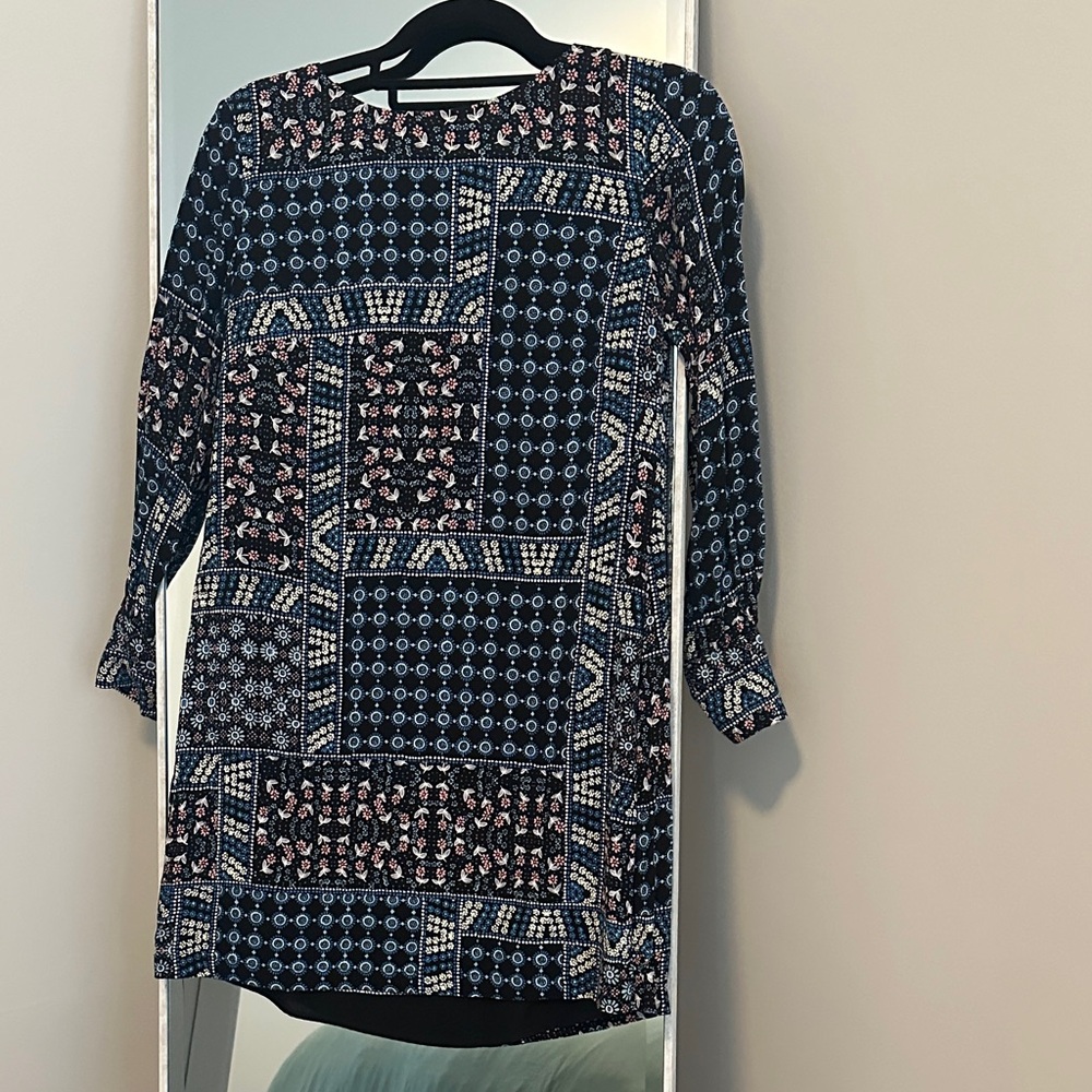 LOFT Navy Geometric Long Sleeve Dress